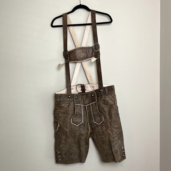 Lederhosen4U Suspenders Leather Medium Brown Embroidered Oktoberfest Sz 52 - Picture 2 of 9